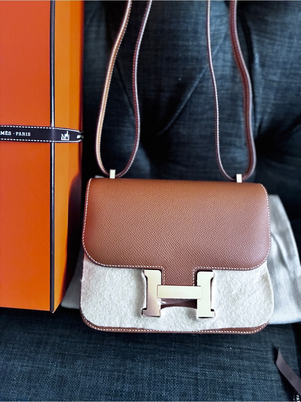 Hermes Constance 18 Shoulder Bag in Brown and Cream Epsom leather